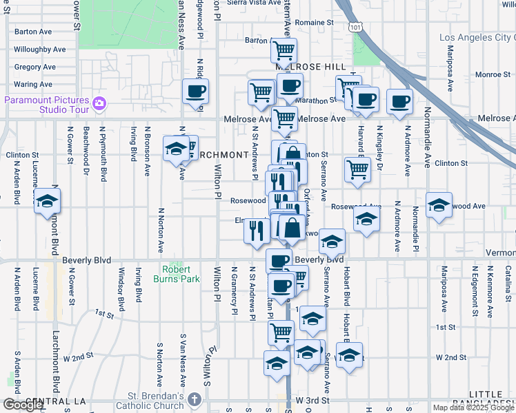 map of restaurants, bars, coffee shops, grocery stores, and more near 4757 1/2 Elmwood Avenue in Los Angeles