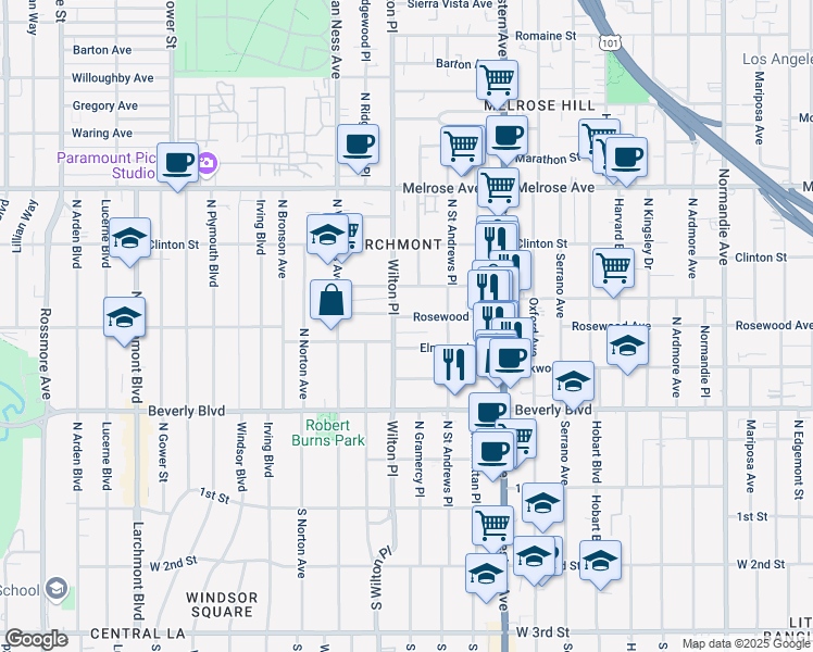 map of restaurants, bars, coffee shops, grocery stores, and more near 4833 Elmwood Avenue in Los Angeles