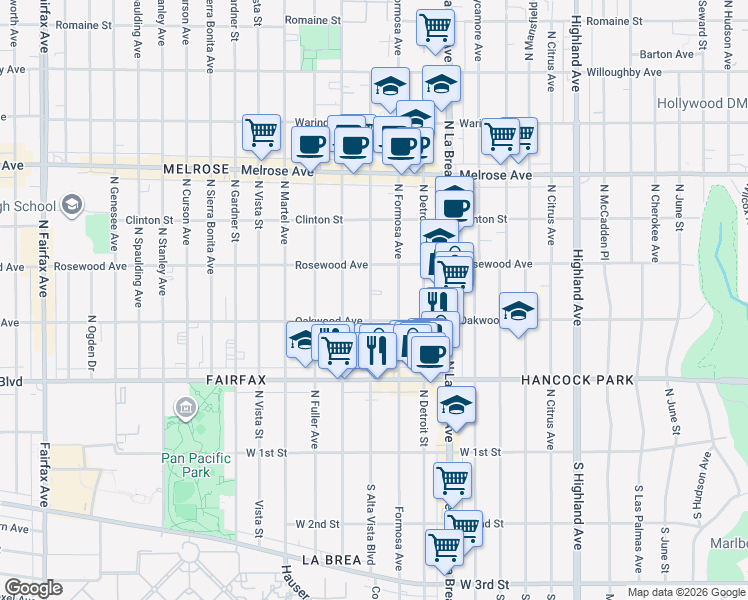 map of restaurants, bars, coffee shops, grocery stores, and more near 402 North Alta Vista Boulevard in Los Angeles