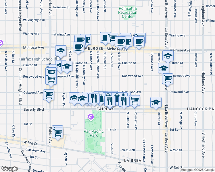 map of restaurants, bars, coffee shops, grocery stores, and more near 412 1/2 North Gardner Street in Los Angeles