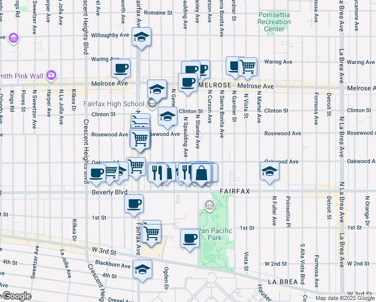 map of restaurants, bars, coffee shops, grocery stores, and more near 411 North Spaulding Avenue in Los Angeles