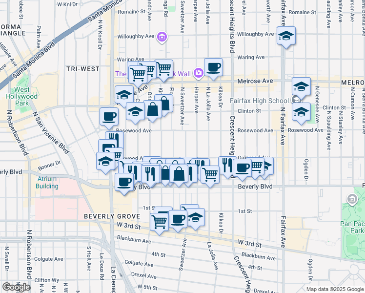 map of restaurants, bars, coffee shops, grocery stores, and more near 410 North Flores Street in Los Angeles