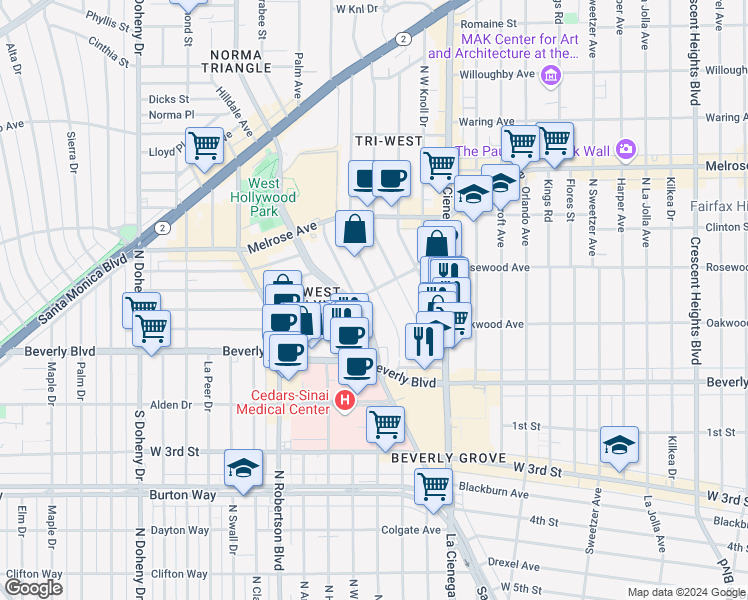 map of restaurants, bars, coffee shops, grocery stores, and more near in West Hollywood