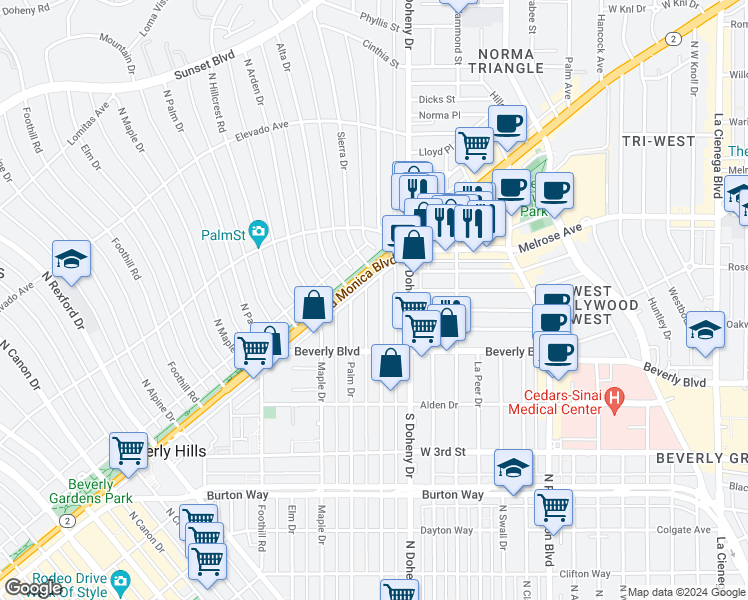 map of restaurants, bars, coffee shops, grocery stores, and more near 450 North Palm Drive in Beverly Hills