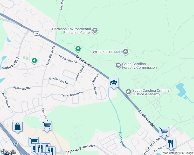 map of restaurants, bars, coffee shops, grocery stores, and more near 2 Guilford Green Court in Columbia