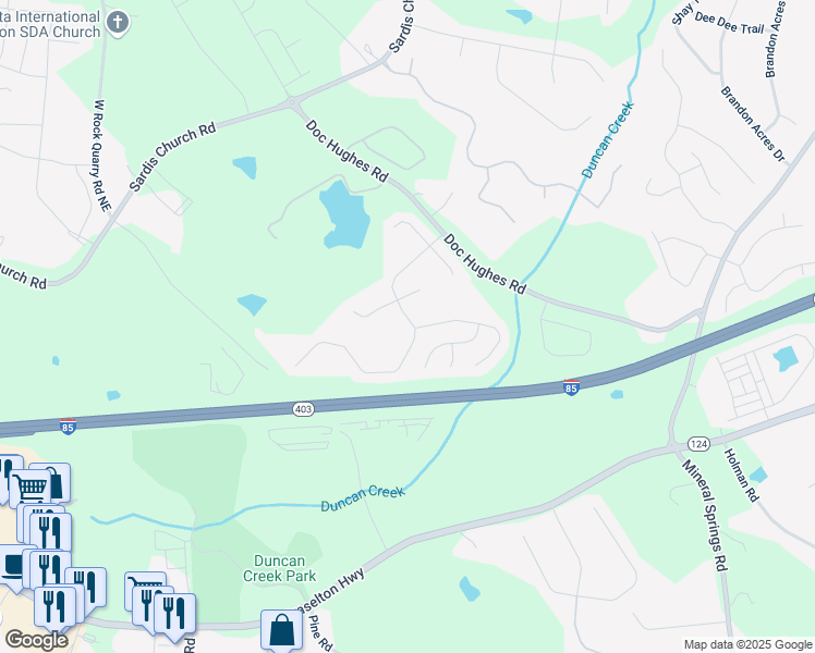 map of restaurants, bars, coffee shops, grocery stores, and more near 2096 Hamilton Lake Parkway in Buford