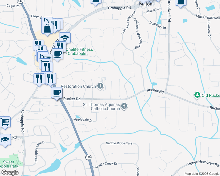map of restaurants, bars, coffee shops, grocery stores, and more near 1075 Colgan Court in Alpharetta
