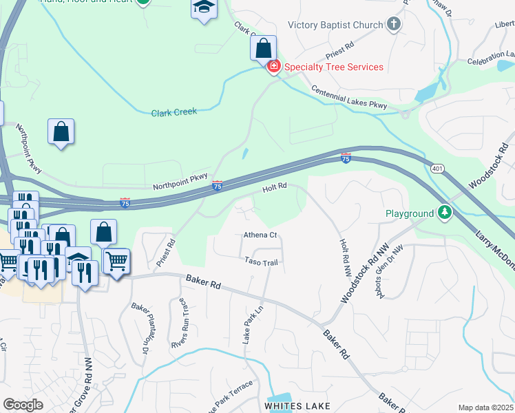 map of restaurants, bars, coffee shops, grocery stores, and more near 121 Holt Road in Acworth