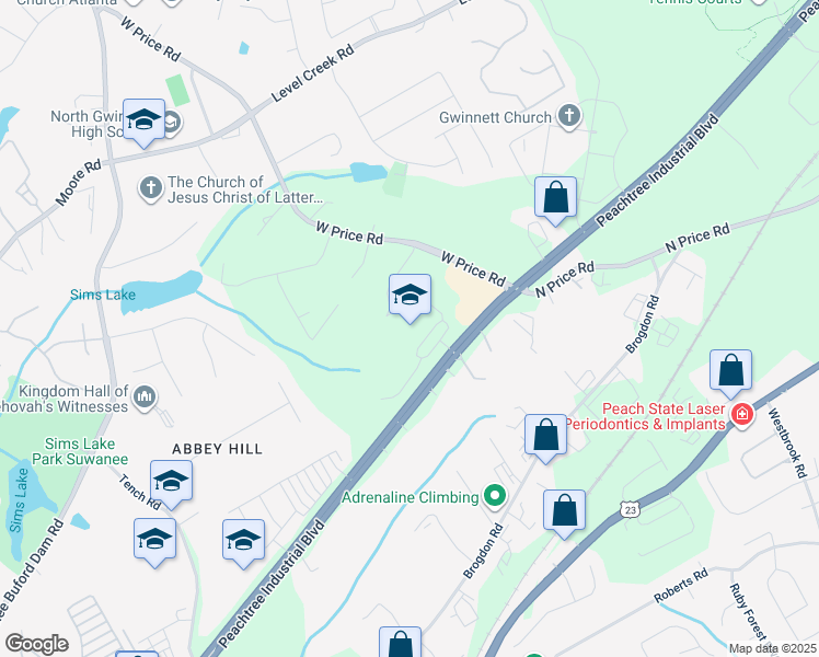 map of restaurants, bars, coffee shops, grocery stores, and more near 170 Peachtree Industrial Boulevard in Sugar Hill