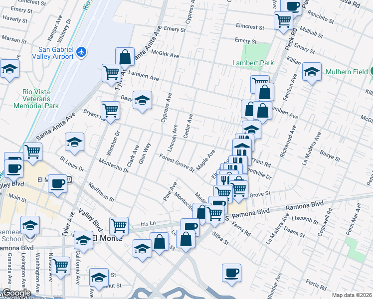 map of restaurants, bars, coffee shops, grocery stores, and more near 4006 Cedar Avenue in El Monte