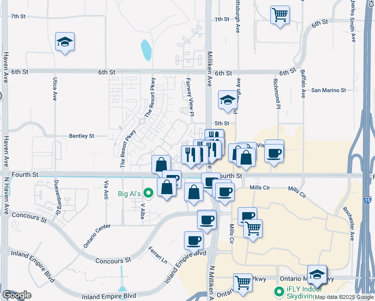 map of restaurants, bars, coffee shops, grocery stores, and more near 9650 Milliken Avenue in Rancho Cucamonga