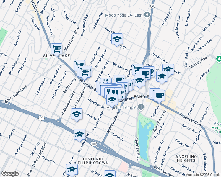 map of restaurants, bars, coffee shops, grocery stores, and more near 2214 Elsinore Street in Los Angeles