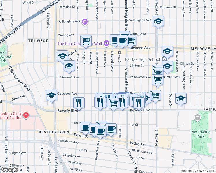 map of restaurants, bars, coffee shops, grocery stores, and more near 411 North La Jolla Avenue in Los Angeles