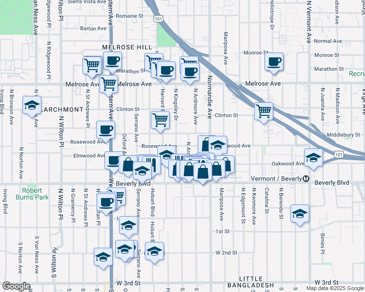 map of restaurants, bars, coffee shops, grocery stores, and more near 428 North Kingsley Drive in Los Angeles