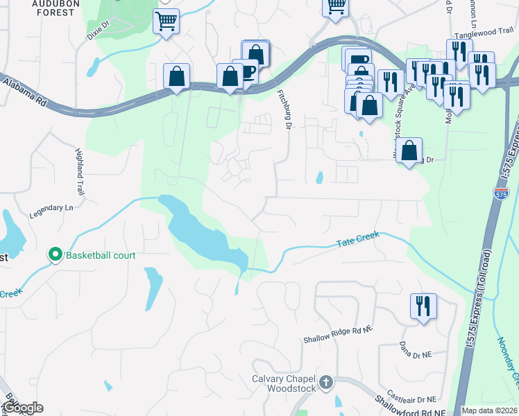 map of restaurants, bars, coffee shops, grocery stores, and more near 804 Commons Court in Woodstock
