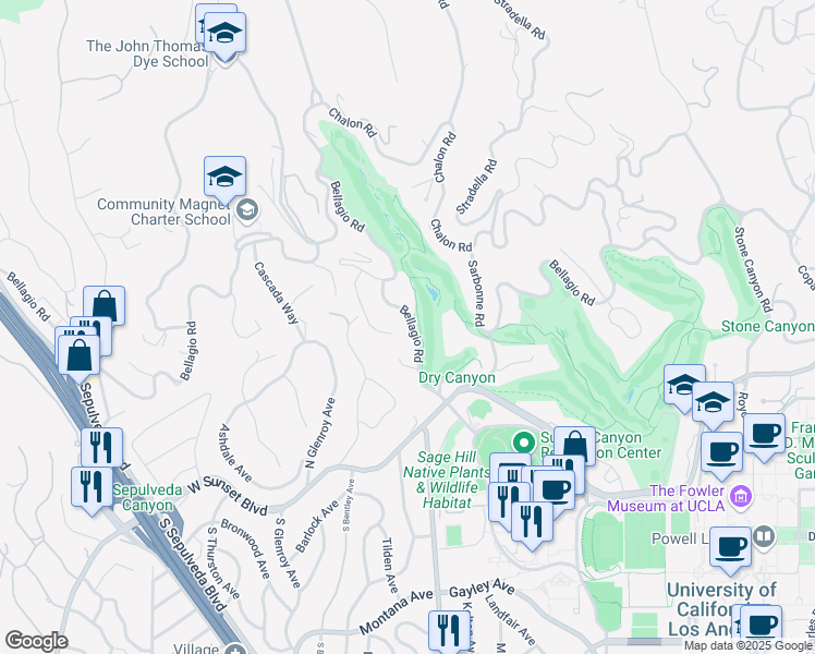 map of restaurants, bars, coffee shops, grocery stores, and more near 10950 Bellagio Road in Los Angeles