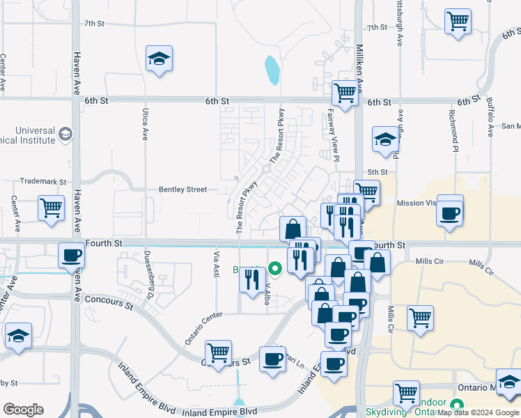 map of restaurants, bars, coffee shops, grocery stores, and more near 11055 Momentum Drive in Rancho Cucamonga