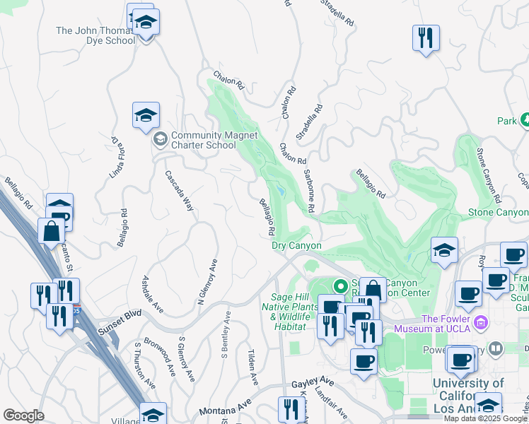 map of restaurants, bars, coffee shops, grocery stores, and more near 605 Funchal Road in Los Angeles
