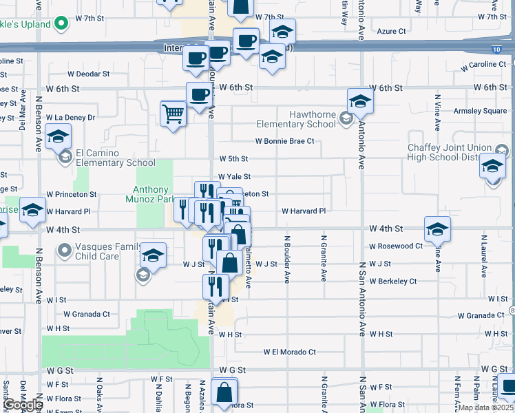 map of restaurants, bars, coffee shops, grocery stores, and more near 963 West Harvard Place in Ontario