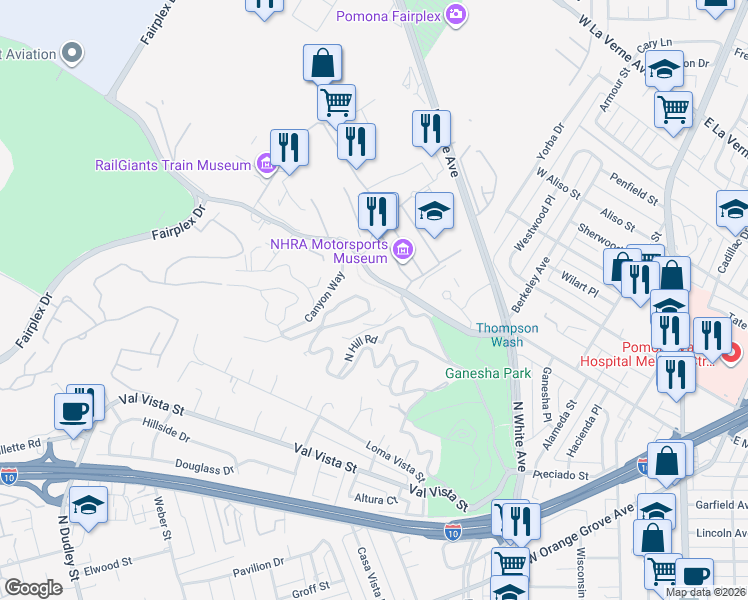 map of restaurants, bars, coffee shops, grocery stores, and more near 1098 Oak Knoll Drive in Pomona