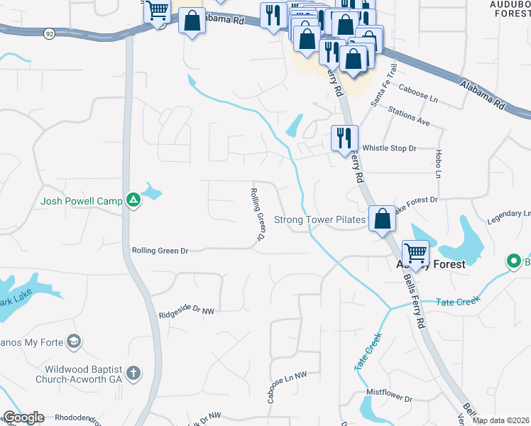 map of restaurants, bars, coffee shops, grocery stores, and more near 1049 Rolling Green Drive in Acworth