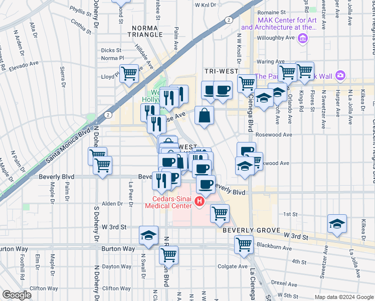 map of restaurants, bars, coffee shops, grocery stores, and more near 8704 Ashcroft Avenue in West Hollywood