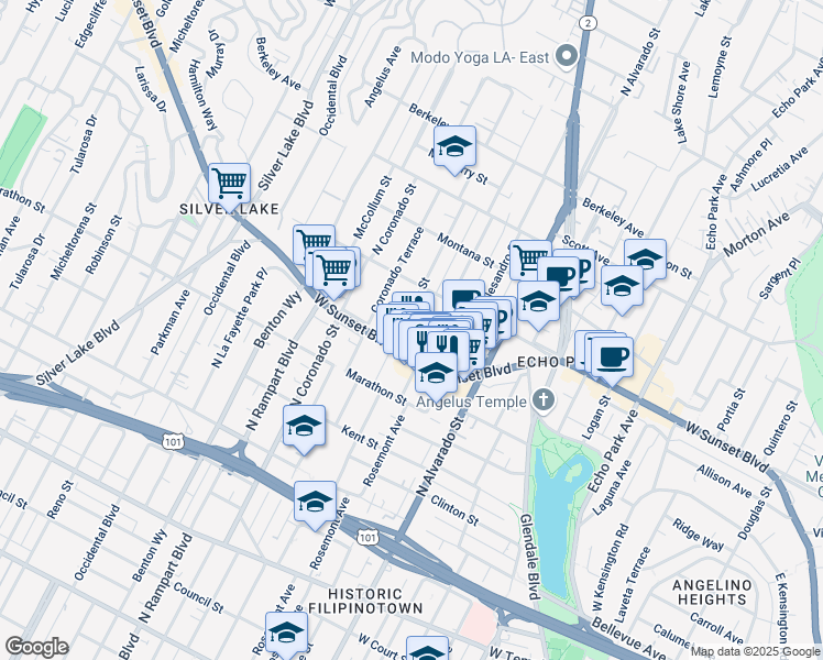 map of restaurants, bars, coffee shops, grocery stores, and more near 1118 Waterloo Street in Los Angeles