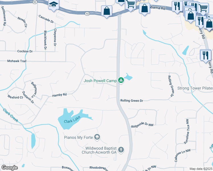 map of restaurants, bars, coffee shops, grocery stores, and more near 5146 Bramblewood Drive in Acworth