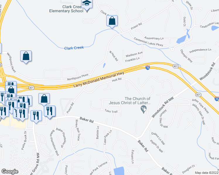 map of restaurants, bars, coffee shops, grocery stores, and more near 121 Holt Road in Acworth