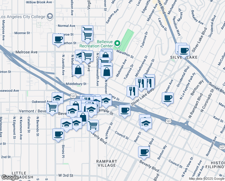 map of restaurants, bars, coffee shops, grocery stores, and more near 3524 London Street in Los Angeles