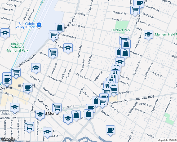 map of restaurants, bars, coffee shops, grocery stores, and more near 4006 Cedar Avenue in El Monte