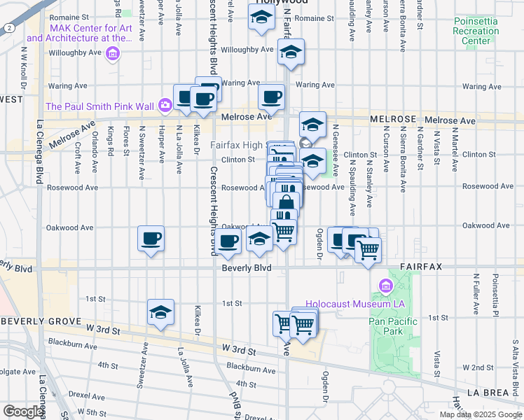 map of restaurants, bars, coffee shops, grocery stores, and more near 429 North Hayworth Avenue in Los Angeles