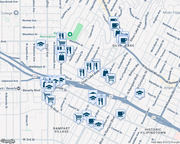 map of restaurants, bars, coffee shops, grocery stores, and more near 617 North Dillon Street in Los Angeles