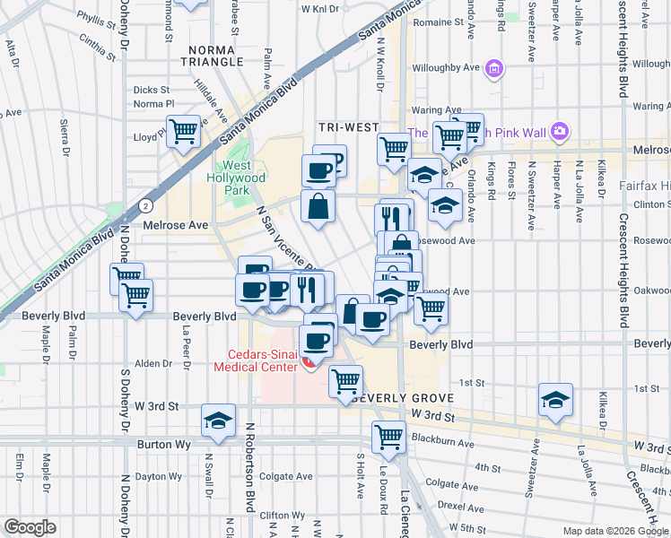 map of restaurants, bars, coffee shops, grocery stores, and more near Huntley Drive in West Hollywood