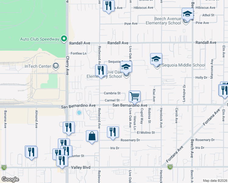 map of restaurants, bars, coffee shops, grocery stores, and more near 14810 Cambria Street in Fontana