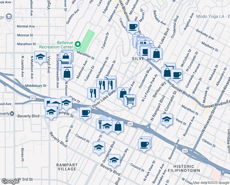 map of restaurants, bars, coffee shops, grocery stores, and more near 638 Silver Lake Boulevard in Los Angeles