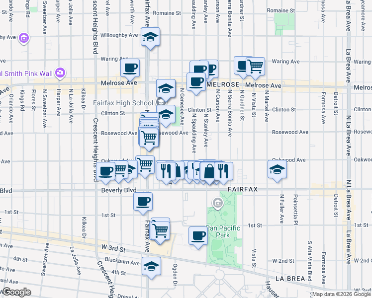 map of restaurants, bars, coffee shops, grocery stores, and more near 411 North Spaulding Avenue in Los Angeles