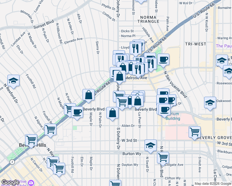 map of restaurants, bars, coffee shops, grocery stores, and more near 447 North Doheny Drive in Beverly Hills