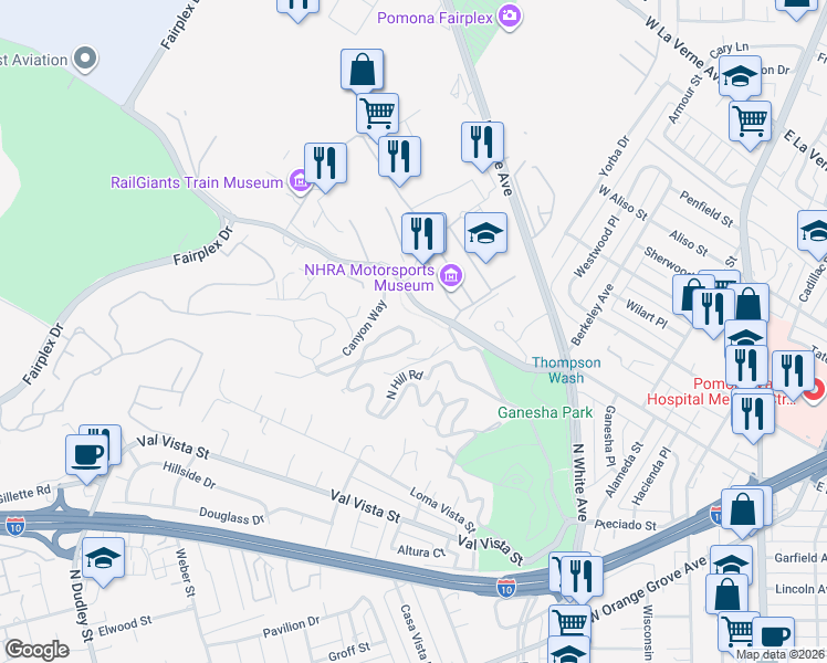 map of restaurants, bars, coffee shops, grocery stores, and more near 1098 Oak Knoll Drive in Pomona