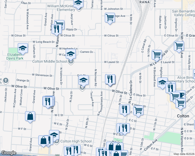 map of restaurants, bars, coffee shops, grocery stores, and more near 1141 North Norman Road in Colton