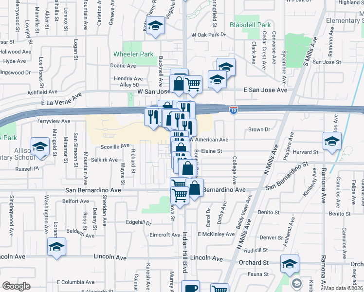 map of restaurants, bars, coffee shops, grocery stores, and more near 1849 Cordova Street in Pomona