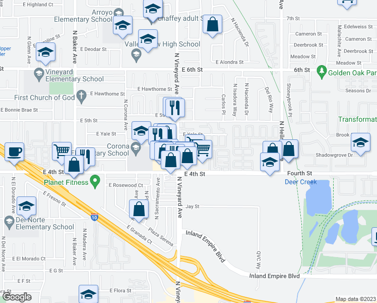 map of restaurants, bars, coffee shops, grocery stores, and more near 1935 East Harvard Privado in Ontario