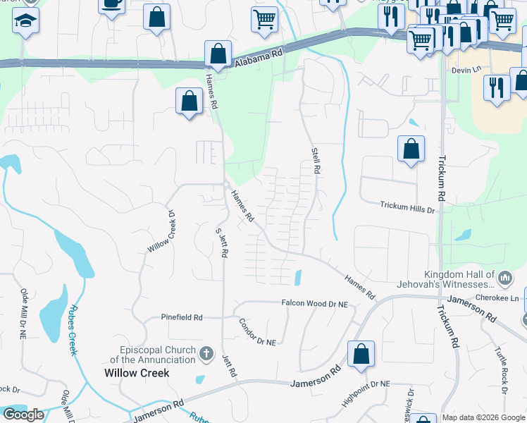 map of restaurants, bars, coffee shops, grocery stores, and more near 310 West Oaks Trail in Woodstock