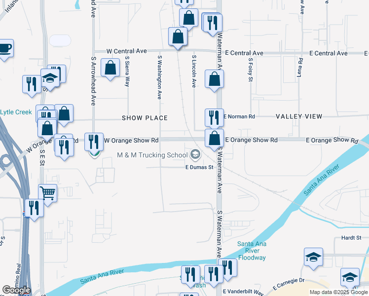 map of restaurants, bars, coffee shops, grocery stores, and more near South Amos Street in San Bernardino