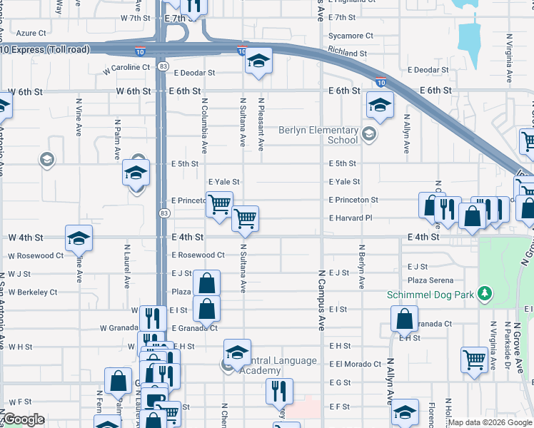 map of restaurants, bars, coffee shops, grocery stores, and more near 541 East Harvard Place in Ontario