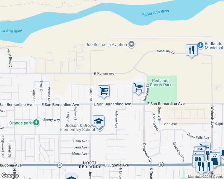 map of restaurants, bars, coffee shops, grocery stores, and more near 1650 Liv Court in Redlands