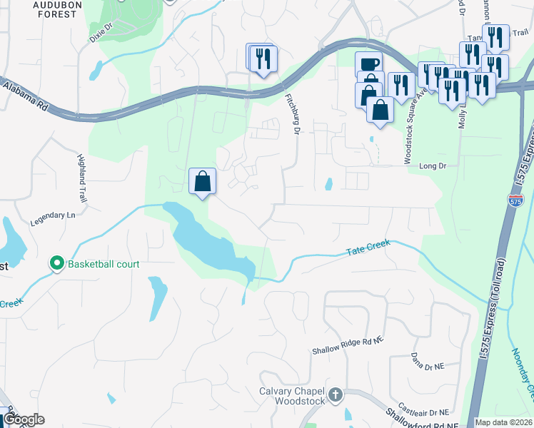 map of restaurants, bars, coffee shops, grocery stores, and more near 804 Commons Court in Woodstock