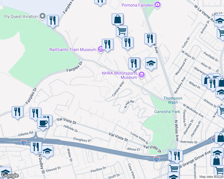 map of restaurants, bars, coffee shops, grocery stores, and more near 1234 Hillcrest Drive in Pomona