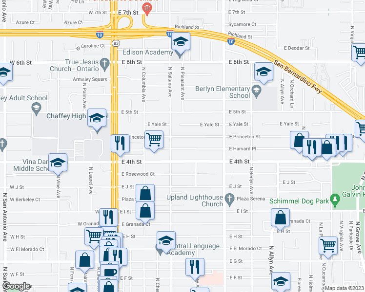 map of restaurants, bars, coffee shops, grocery stores, and more near 529 East Harvard Place in Ontario