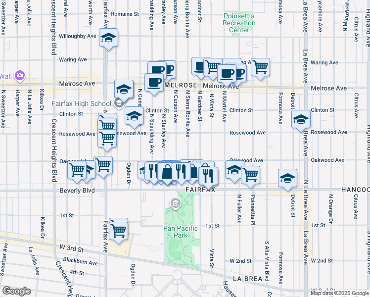 map of restaurants, bars, coffee shops, grocery stores, and more near 429 North Sierra Bonita Avenue in Los Angeles
